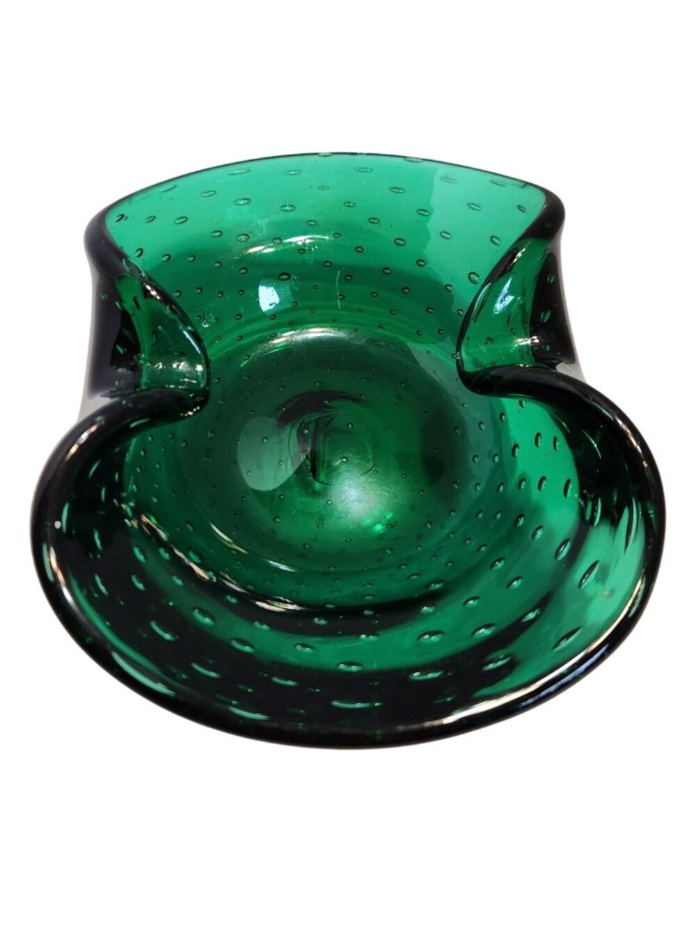 Murano Style Green 1960's Hand-Blown Glass Ashtray Controlled Bubble Design